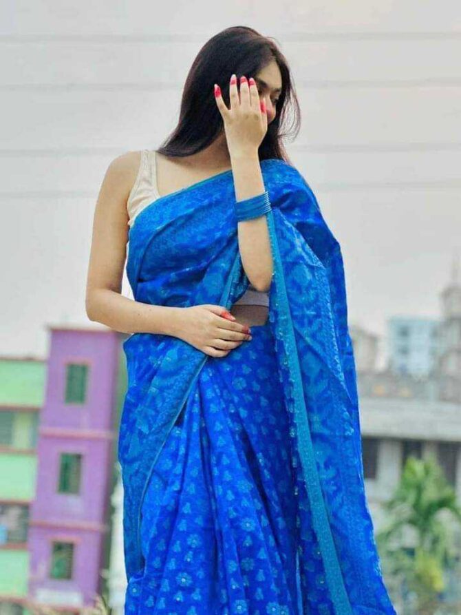 Premium Silk Jamdani Combo Blue with Watch