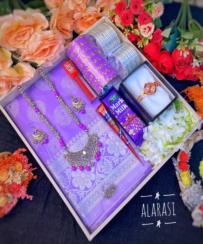 Premium Katan Shari Combo Lavender with Watch